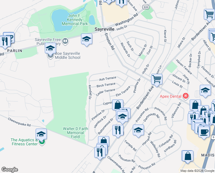 map of restaurants, bars, coffee shops, grocery stores, and more near 37 Cedar Terrace in Sayreville