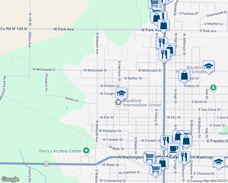 map of restaurants, bars, coffee shops, grocery stores, and more near 801-899 West Conger Street in Hartford City