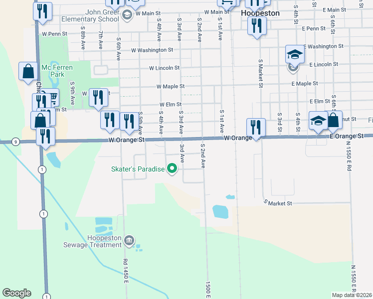map of restaurants, bars, coffee shops, grocery stores, and more near 1110 South 3rd Avenue in Hoopeston