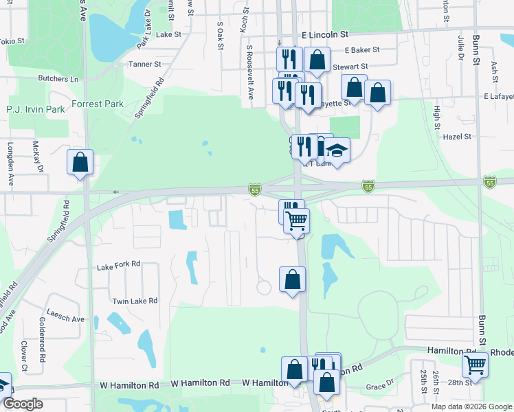 map of restaurants, bars, coffee shops, grocery stores, and more near 110 Urban Street in Bloomington