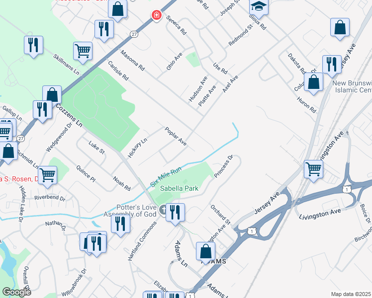 map of restaurants, bars, coffee shops, grocery stores, and more near 10 Redwood Road in North Brunswick Township