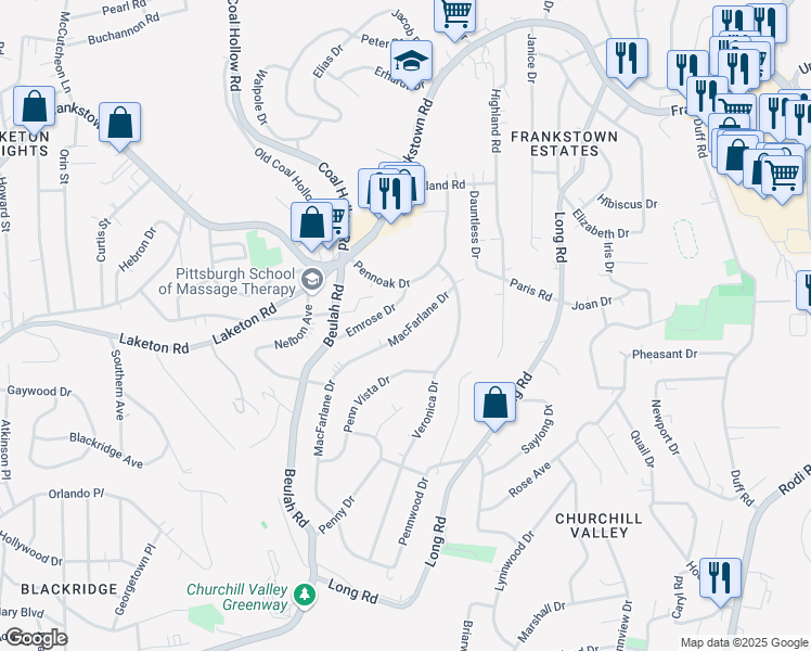 map of restaurants, bars, coffee shops, grocery stores, and more near 214 Macfarlane Drive in Pittsburgh