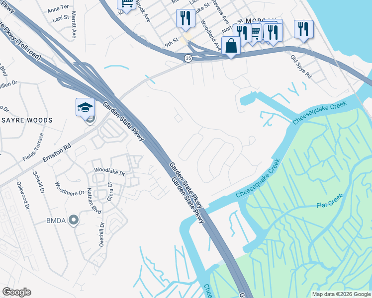 map of restaurants, bars, coffee shops, grocery stores, and more near 110 Grabowski Drive in Sayreville