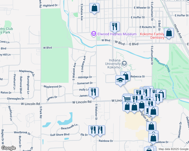 map of restaurants, bars, coffee shops, grocery stores, and more near 502 Aldridge Drive in Kokomo