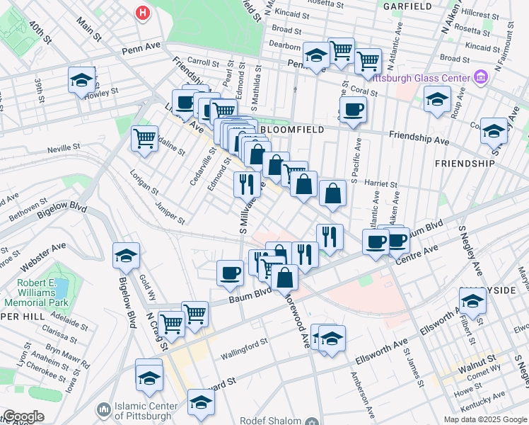 map of restaurants, bars, coffee shops, grocery stores, and more near 5013 Cypress Street in Pittsburgh