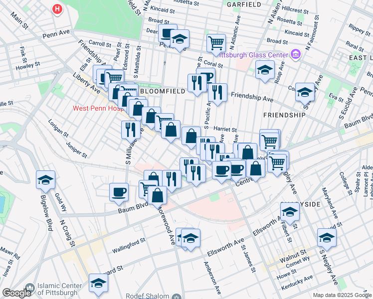 map of restaurants, bars, coffee shops, grocery stores, and more near in Pittsburgh