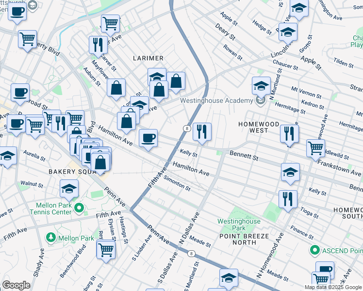 map of restaurants, bars, coffee shops, grocery stores, and more near 6713 Kelly Street in Pittsburgh