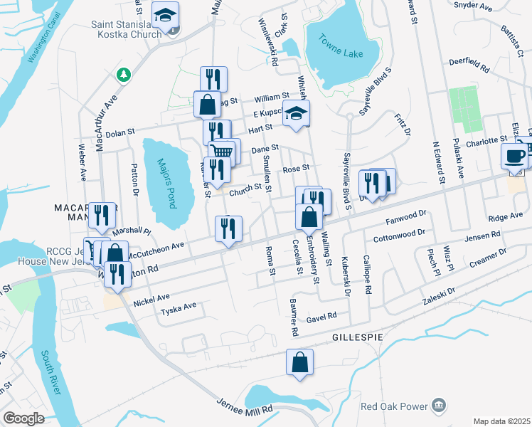 map of restaurants, bars, coffee shops, grocery stores, and more near 12 Albert Street in Sayreville