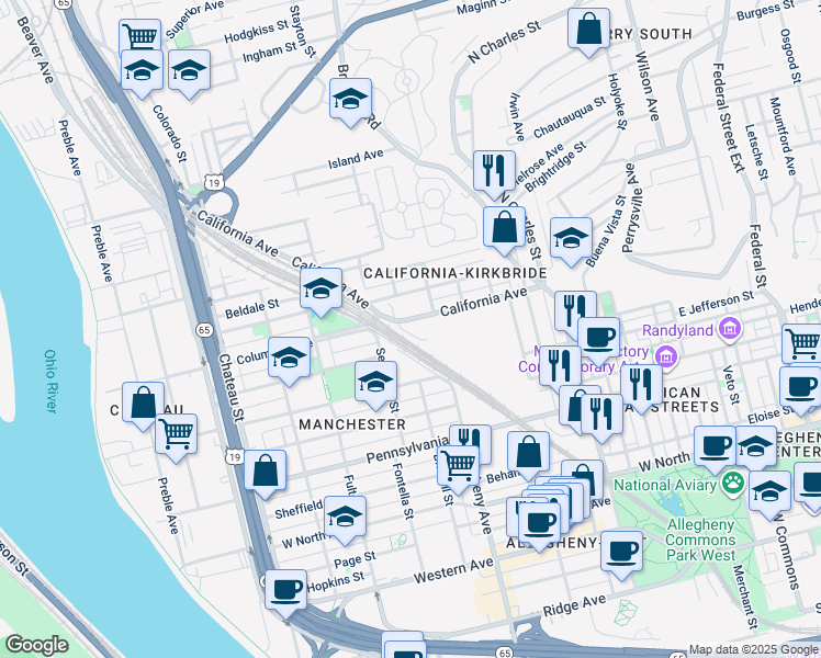 map of restaurants, bars, coffee shops, grocery stores, and more near in Pittsburgh