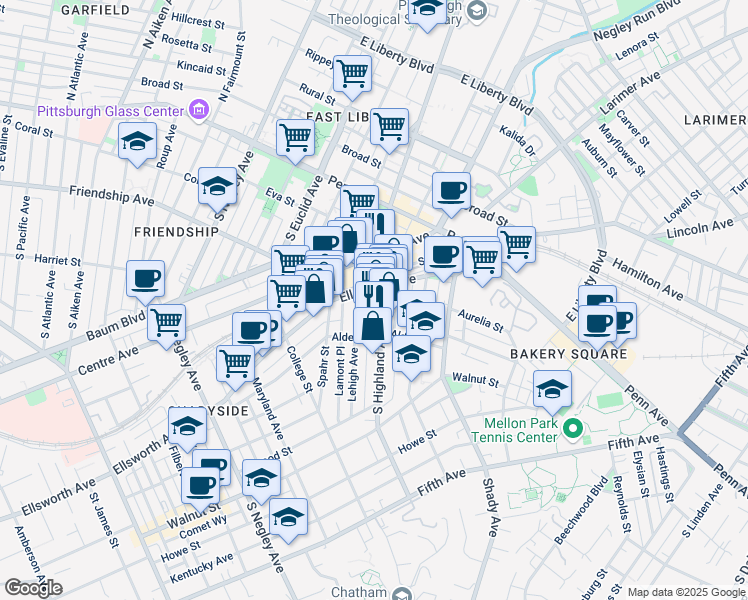 map of restaurants, bars, coffee shops, grocery stores, and more near 229 Lehigh Avenue in Pittsburgh