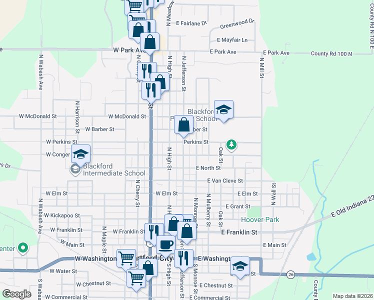 map of restaurants, bars, coffee shops, grocery stores, and more near Conger Street in Hartford City