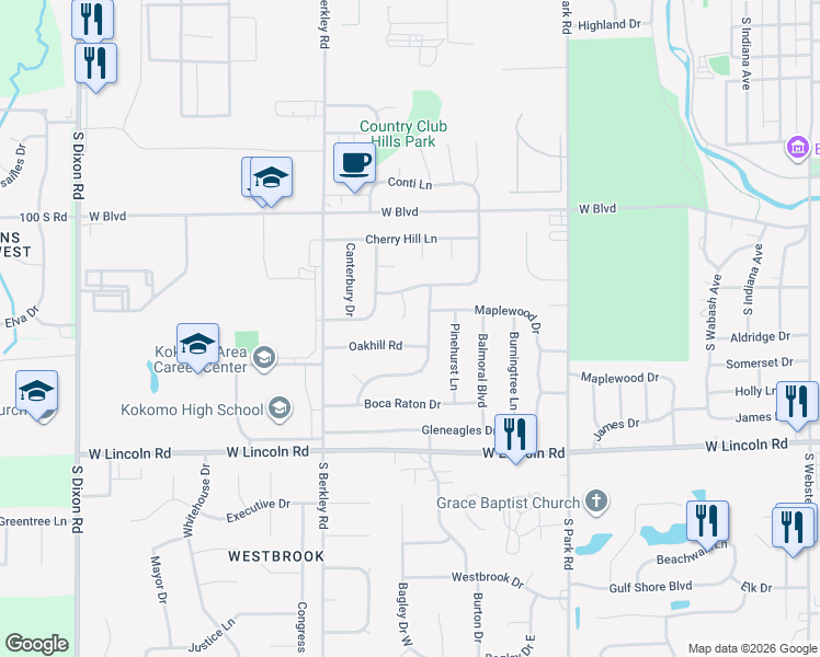 map of restaurants, bars, coffee shops, grocery stores, and more near 1616 Oakhill Road in Kokomo