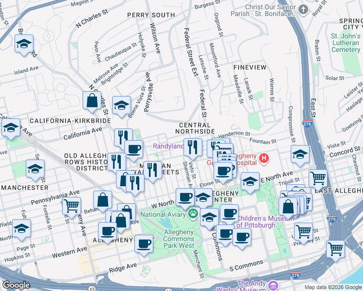map of restaurants, bars, coffee shops, grocery stores, and more near 222 Alpine Avenue in Pittsburgh