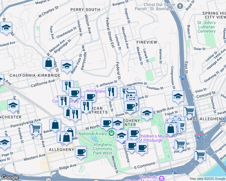 map of restaurants, bars, coffee shops, grocery stores, and more near 1518 Arch Street in Pittsburgh