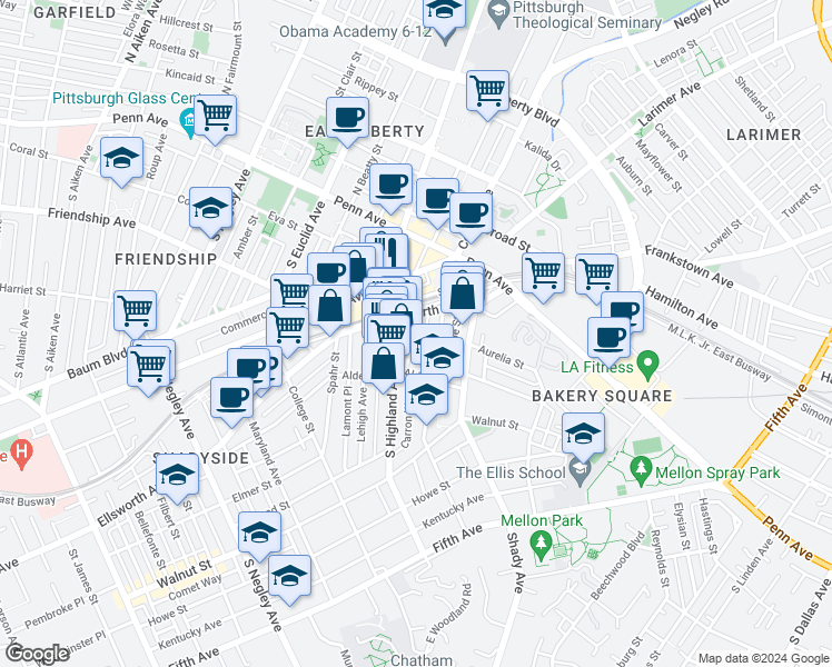 map of restaurants, bars, coffee shops, grocery stores, and more near 233 Carron Street in Pittsburgh