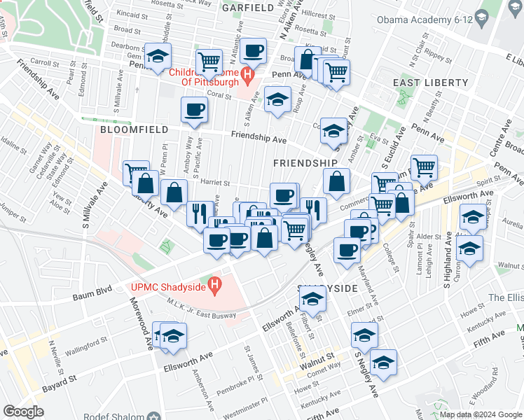 map of restaurants, bars, coffee shops, grocery stores, and more near 445 South Graham Street in Pittsburgh