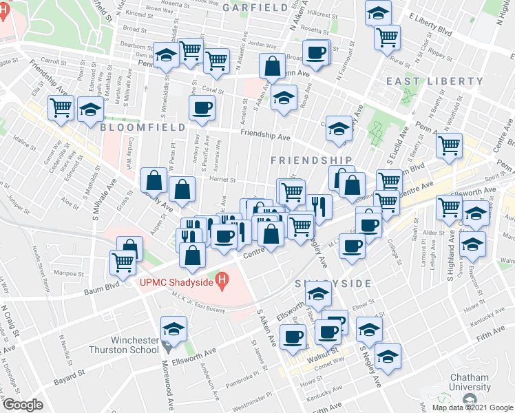 map of restaurants, bars, coffee shops, grocery stores, and more near 451 South Aiken Avenue in Pittsburgh