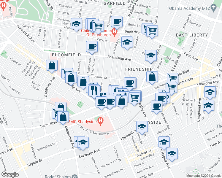 map of restaurants, bars, coffee shops, grocery stores, and more near 451 South Aiken Avenue in Pittsburgh