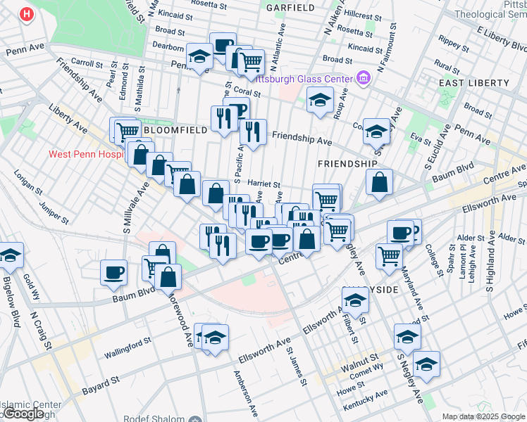 map of restaurants, bars, coffee shops, grocery stores, and more near 459 South Atlantic Avenue in Pittsburgh