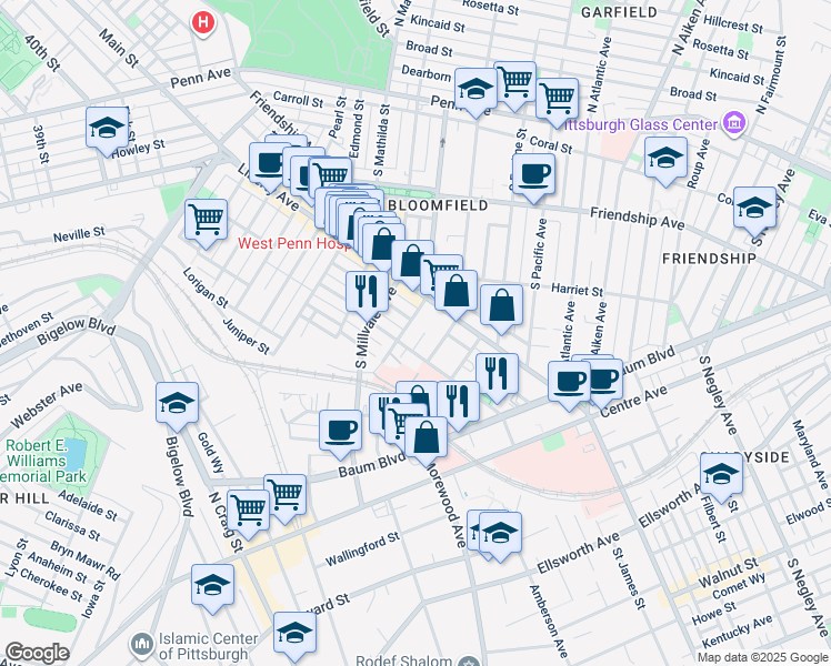 map of restaurants, bars, coffee shops, grocery stores, and more near 5013 Cypress Street in Pittsburgh