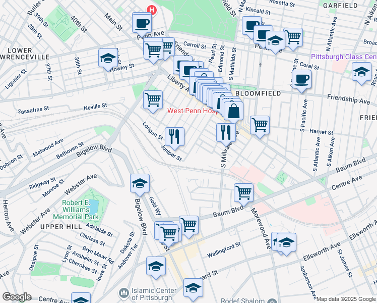 map of restaurants, bars, coffee shops, grocery stores, and more near 759 Edmond Street in Pittsburgh