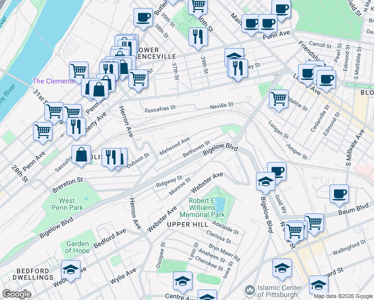 map of restaurants, bars, coffee shops, grocery stores, and more near 3419 Bethoven Street in Pittsburgh