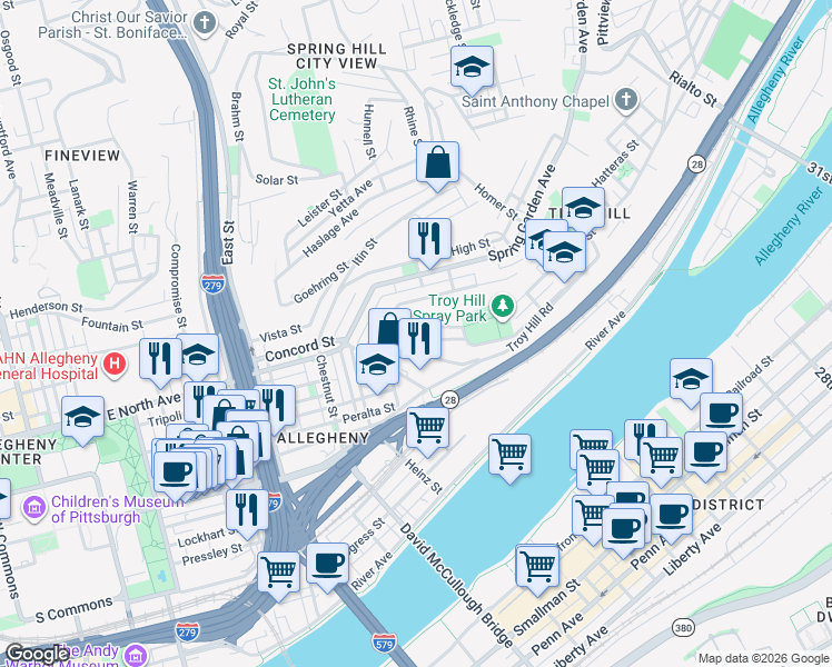 map of restaurants, bars, coffee shops, grocery stores, and more near 1019 Province Street in Pittsburgh