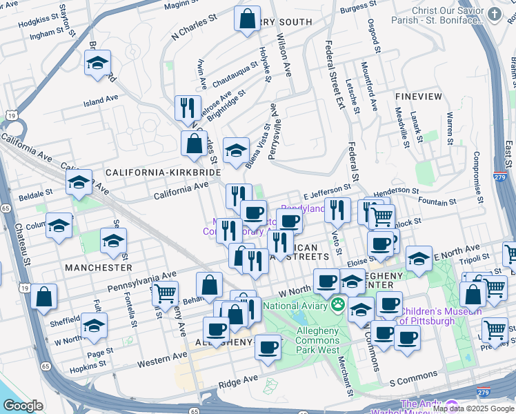 map of restaurants, bars, coffee shops, grocery stores, and more near 615 Armandale Street in Pittsburgh