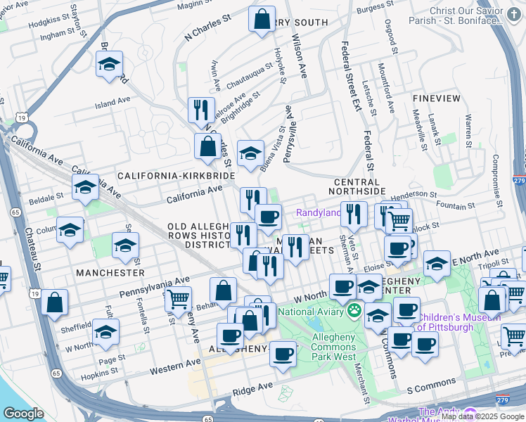 map of restaurants, bars, coffee shops, grocery stores, and more near 615 Armandale Street in Pittsburgh