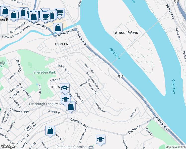 map of restaurants, bars, coffee shops, grocery stores, and more near 3000 Sacramento Avenue in Pittsburgh