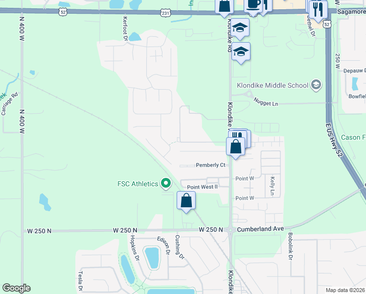 map of restaurants, bars, coffee shops, grocery stores, and more near 3172 Pemberly Court in West Lafayette
