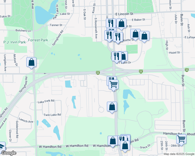 map of restaurants, bars, coffee shops, grocery stores, and more near 110 Urban Street in Bloomington