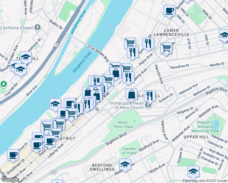 map of restaurants, bars, coffee shops, grocery stores, and more near in Pittsburgh
