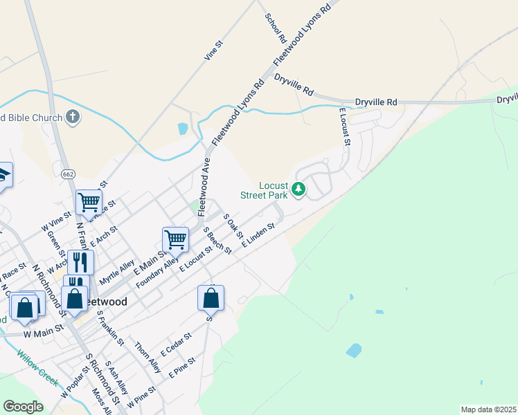 map of restaurants, bars, coffee shops, grocery stores, and more near 525 East Locust Street in Fleetwood