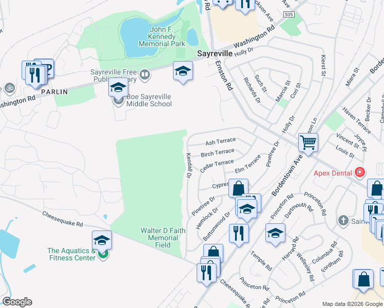map of restaurants, bars, coffee shops, grocery stores, and more near 83 Kendall Drive in Sayreville