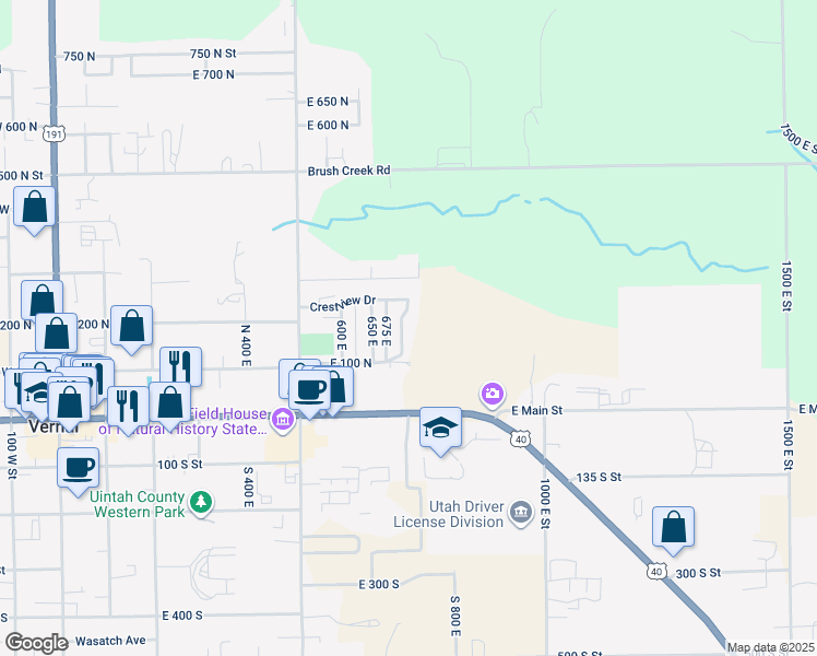 map of restaurants, bars, coffee shops, grocery stores, and more near 126 North 500 East in Vernal