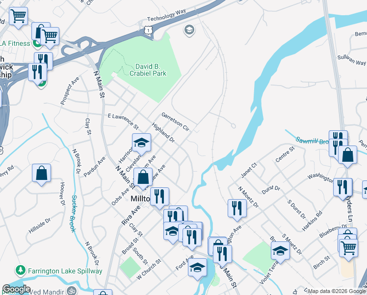 map of restaurants, bars, coffee shops, grocery stores, and more near 204 Highland Drive in Milltown
