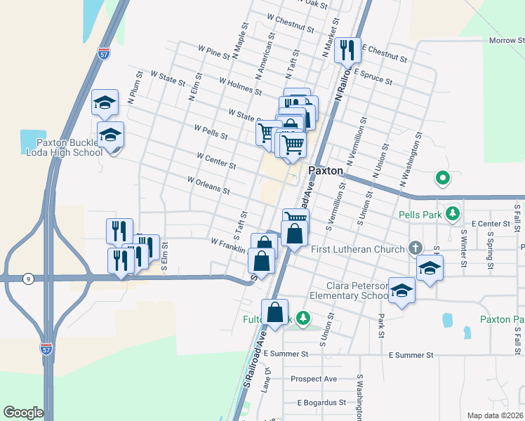 map of restaurants, bars, coffee shops, grocery stores, and more near 119 West Patton Street in Paxton