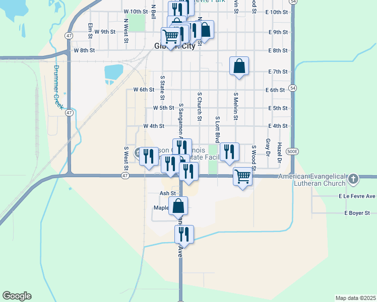 map of restaurants, bars, coffee shops, grocery stores, and more near 618 South Sangamon Avenue in Gibson City