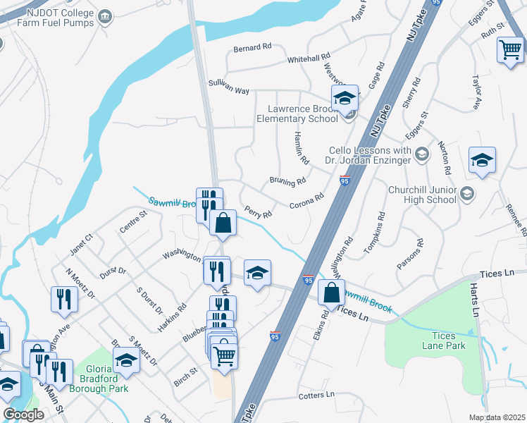 map of restaurants, bars, coffee shops, grocery stores, and more near 19 Perry Road in East Brunswick