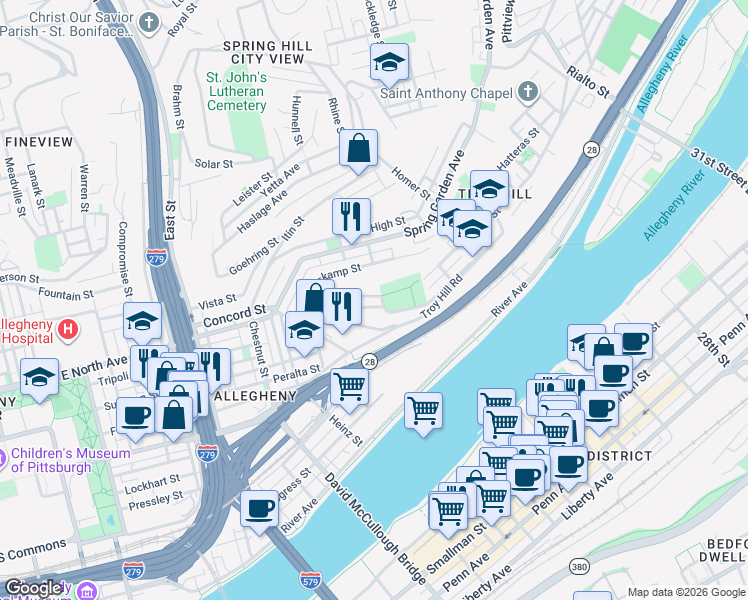 map of restaurants, bars, coffee shops, grocery stores, and more near 1135 Goettmann Street in Pittsburgh