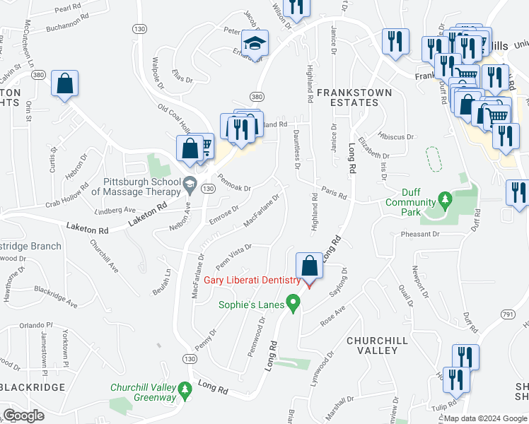 map of restaurants, bars, coffee shops, grocery stores, and more near 131 Macfarlane Drive in Pittsburgh