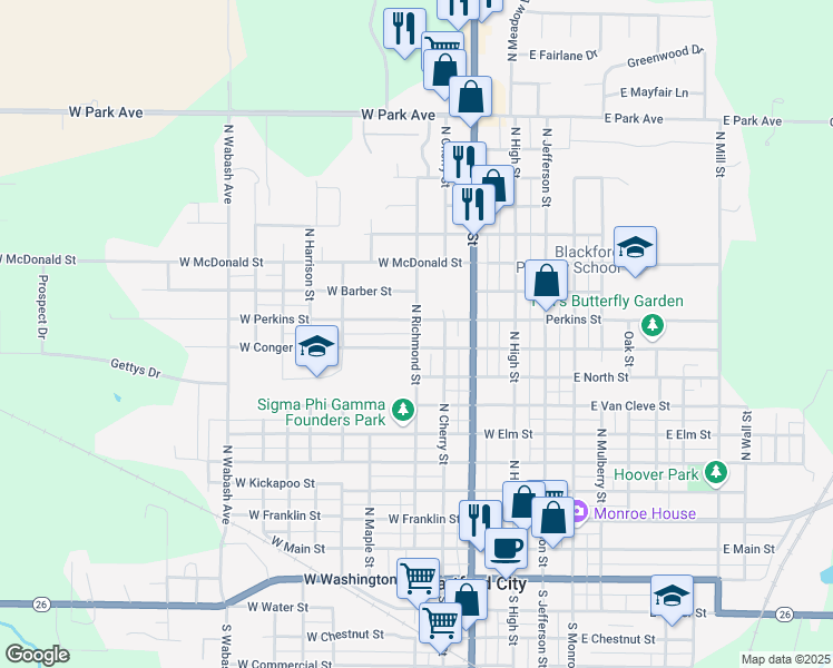map of restaurants, bars, coffee shops, grocery stores, and more near 900 North Richmond Street in Hartford City