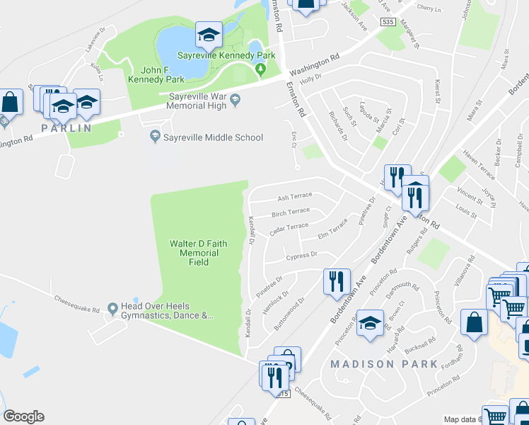 map of restaurants, bars, coffee shops, grocery stores, and more near 39 Birch Terrace in Sayreville
