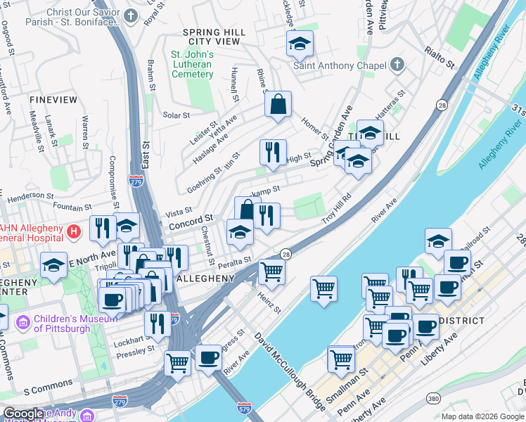map of restaurants, bars, coffee shops, grocery stores, and more near 1019 Province Street in Pittsburgh