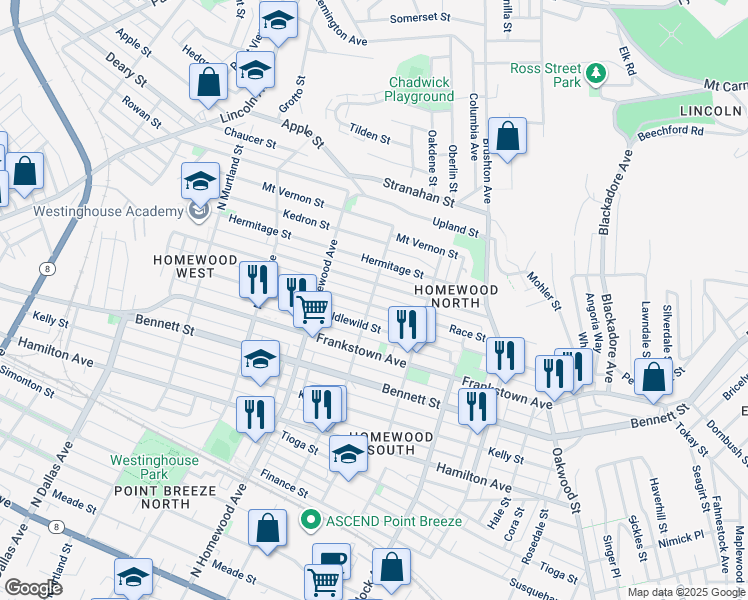 map of restaurants, bars, coffee shops, grocery stores, and more near 7310 Race Street in Pittsburgh