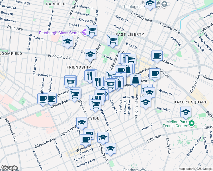 map of restaurants, bars, coffee shops, grocery stores, and more near 5820 Centre Avenue in Pittsburgh