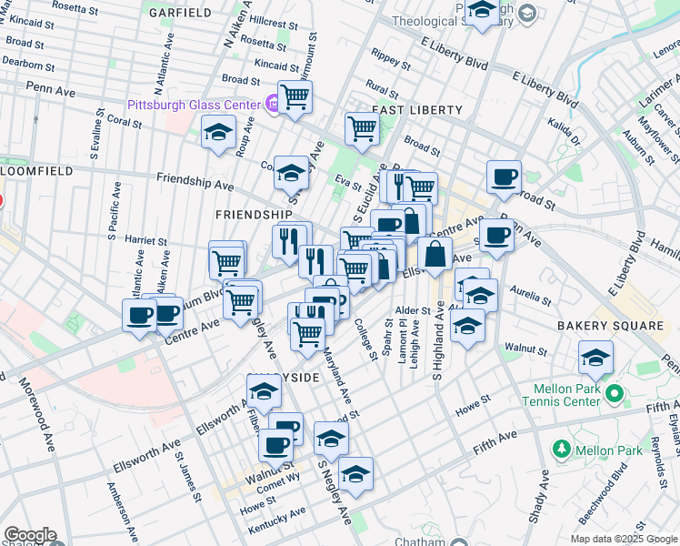 map of restaurants, bars, coffee shops, grocery stores, and more near 5820 Centre Avenue in Pittsburgh