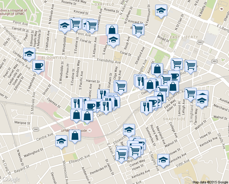 map of restaurants, bars, coffee shops, grocery stores, and more near 445 South Graham Street in Pittsburgh