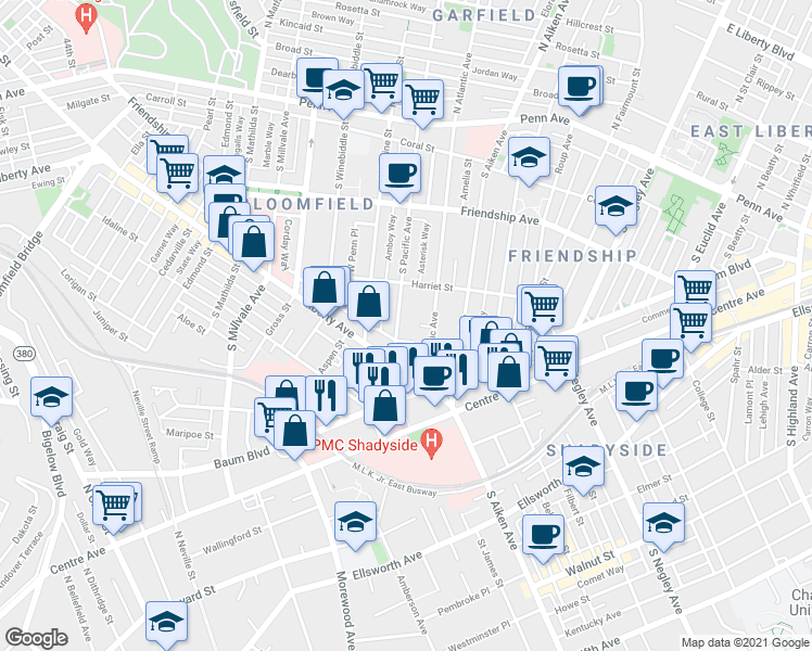 map of restaurants, bars, coffee shops, grocery stores, and more near 95164 Corday Way in Pittsburgh